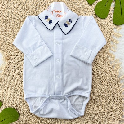 Body gola bordada- losango marinho e bege